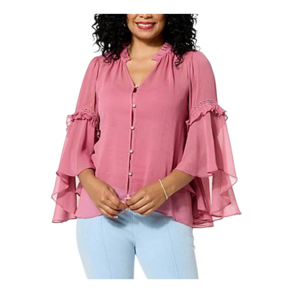 Women's Pink Ruffled Button-Front Blouse